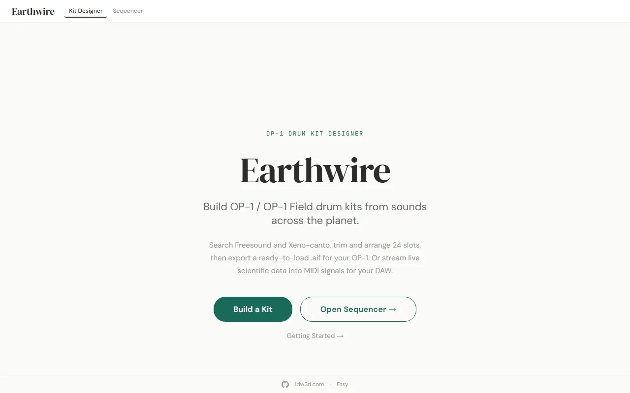 Earthwire OP-1 drum kit designer landing page