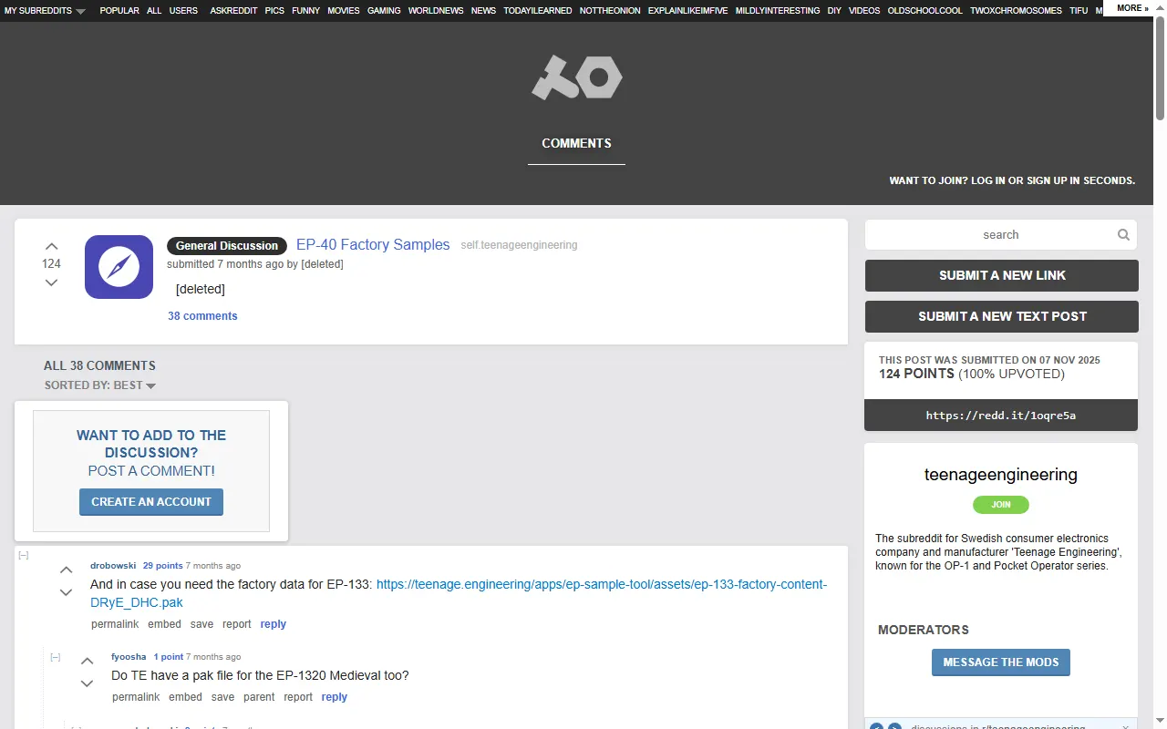 Reddit post sharing the EP factory samples pack