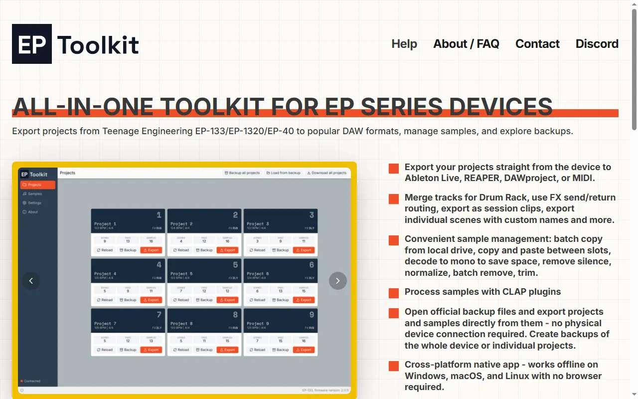 Página de inicio de EP Toolkit mostrando la vista de proyectos