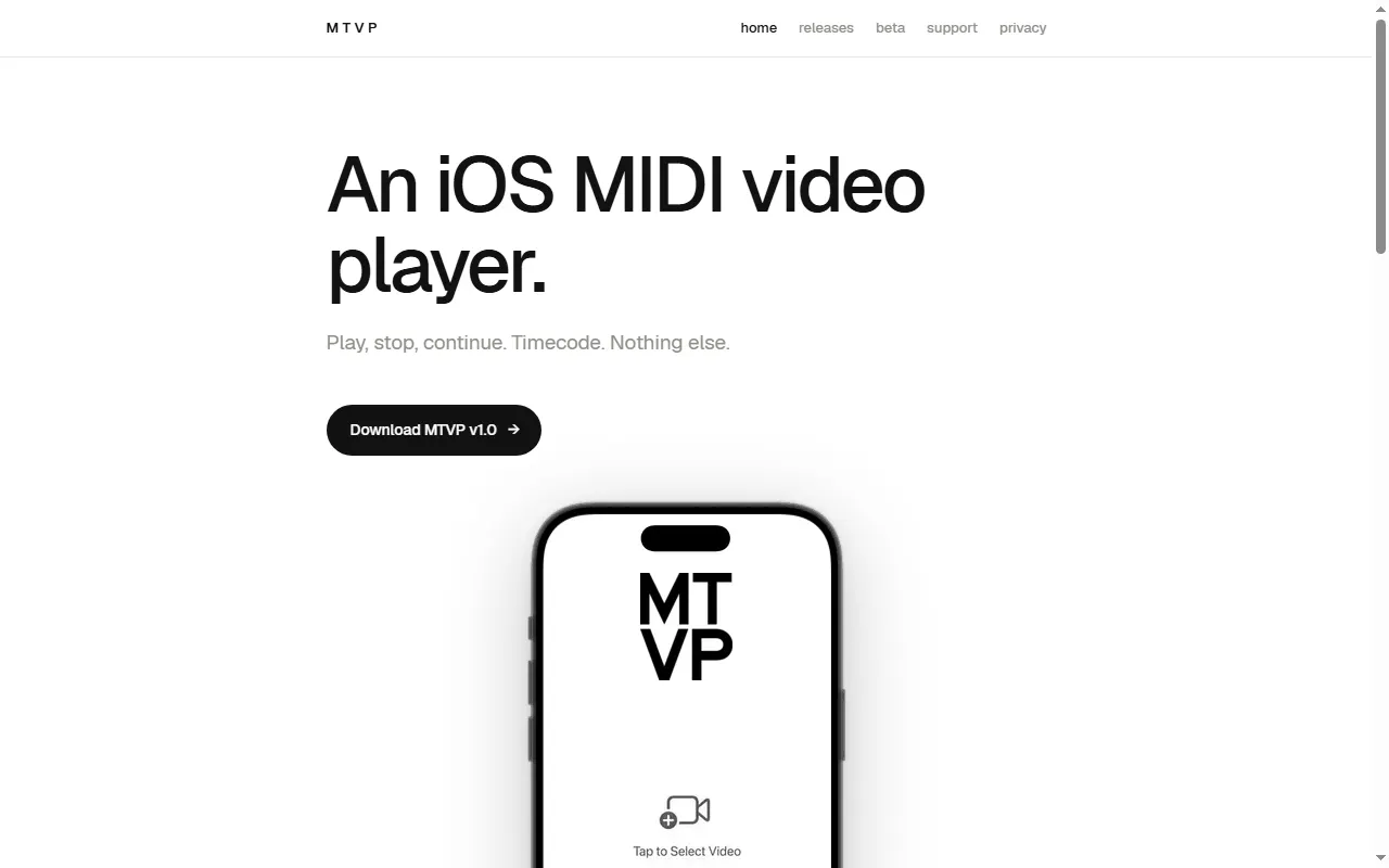 MTVP landing page showing the iOS MIDI video player