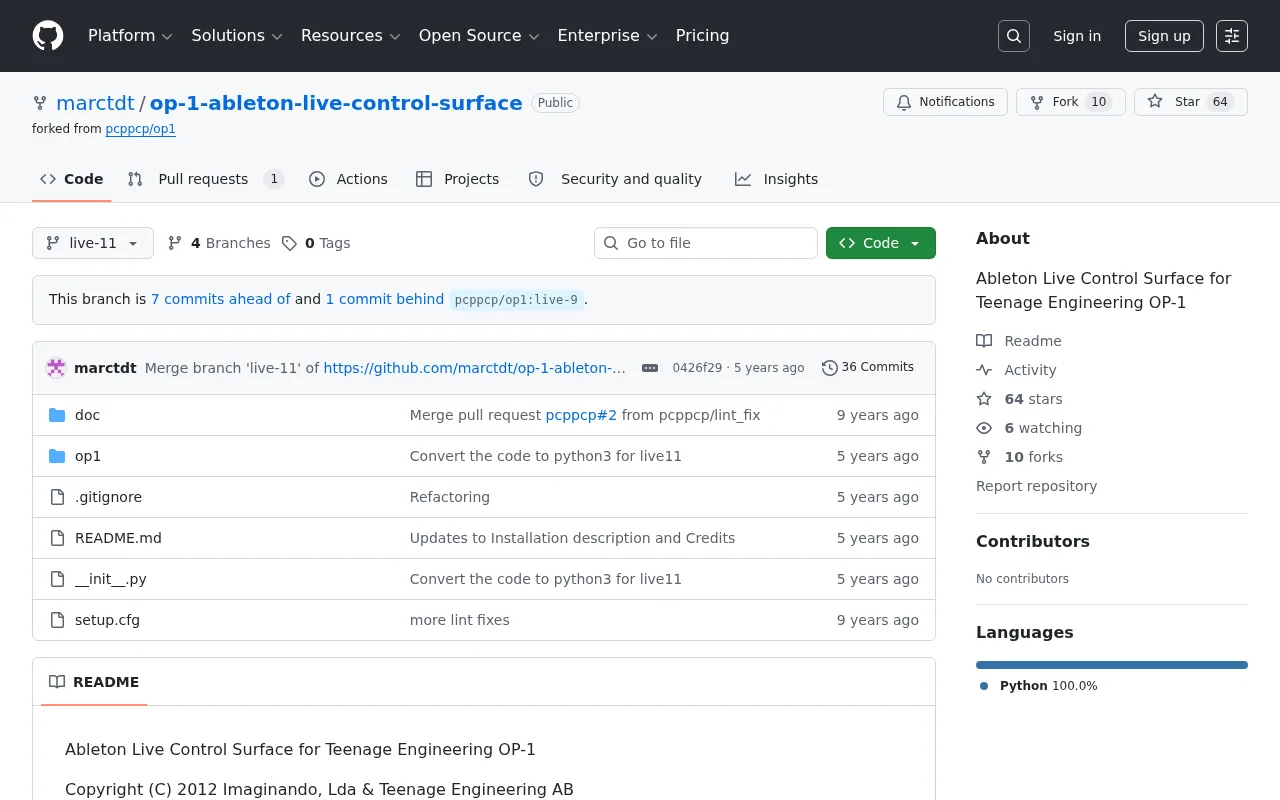 Repositorio de GitHub de OP-1 Ableton Live Control Surface
