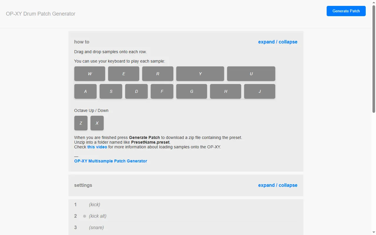 OP-XY Drum Patch Generator web tool