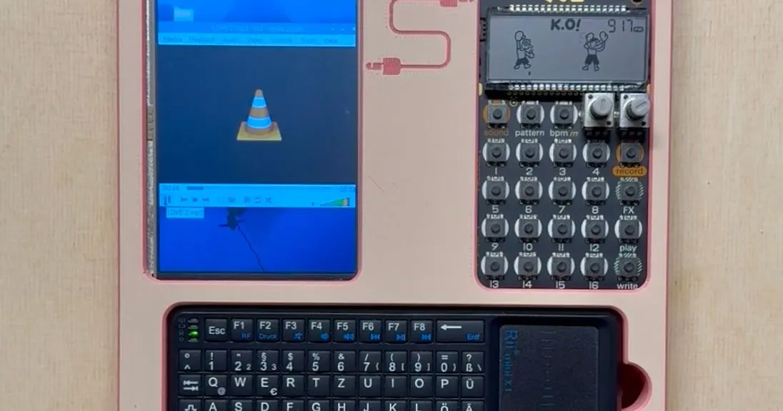 3D-printed case holding a PO-33 K.O! and a Raspberry Pi
