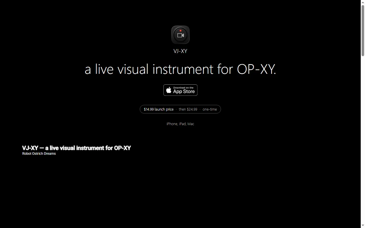 VJ-XY landing page describing the OP-XY visual instrument