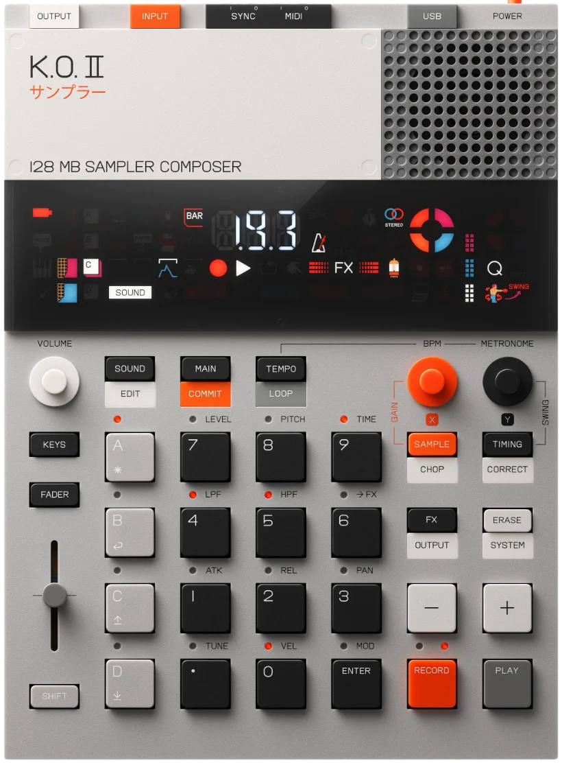 Teenage Engineering EP-133 K.O. II, vista superior — el botón keys a la izquierda, los 12 pads numéricos que se convierten en el teclado, los botones de octava menos/más y el botón shift.