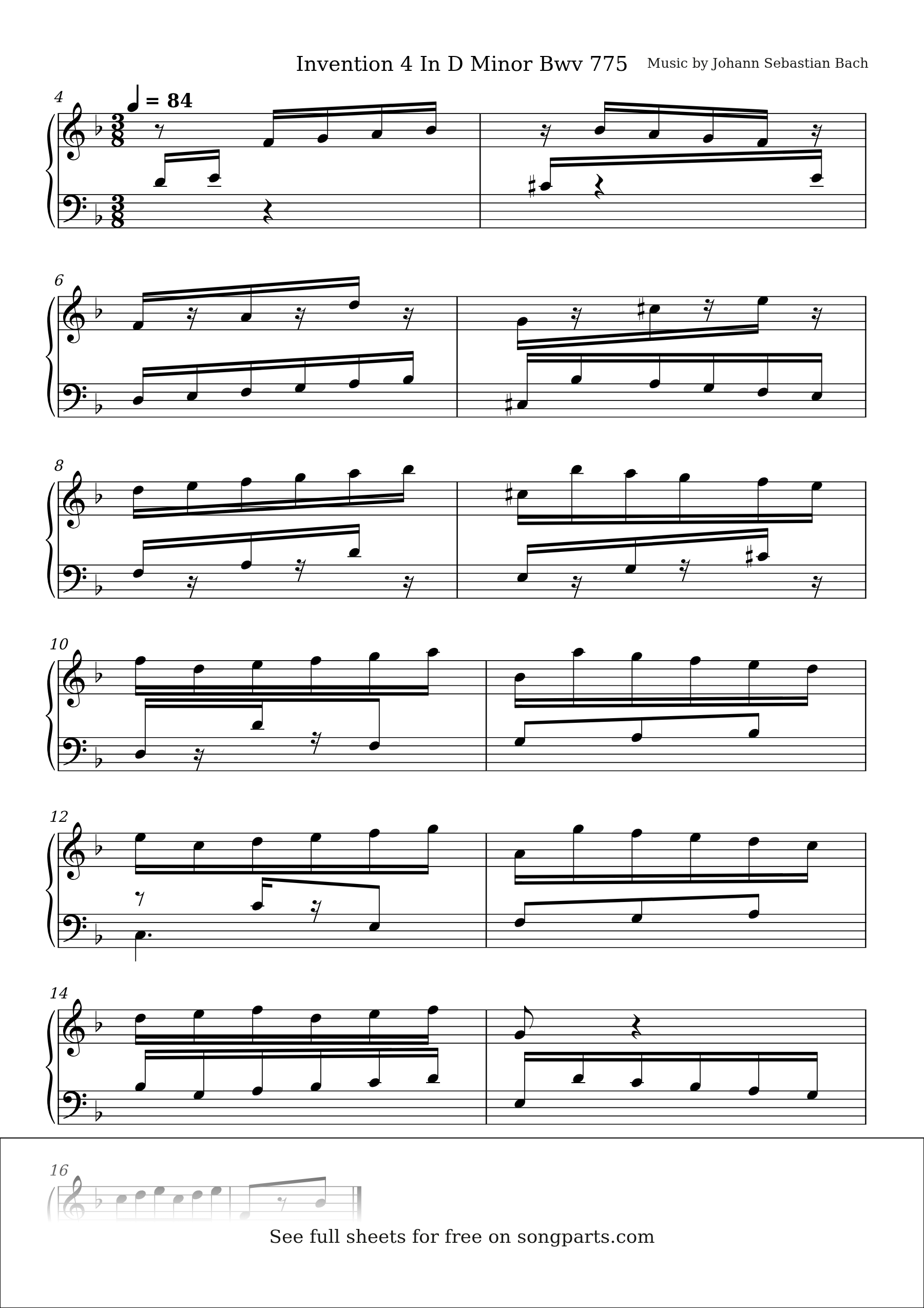 Sheet music preview for Invention 4 In D Minor Bwv 775 by Johann Sebastian Bach