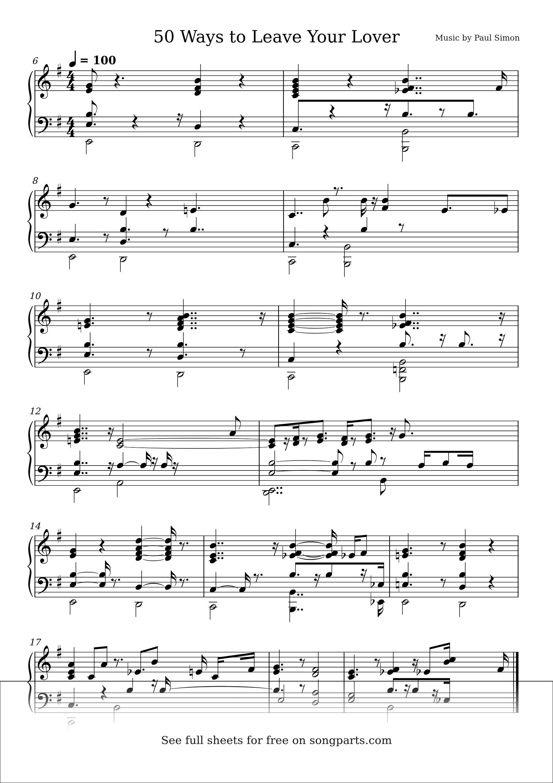 Sheet music preview for 50 Ways to Leave Your Lover by Paul Simon