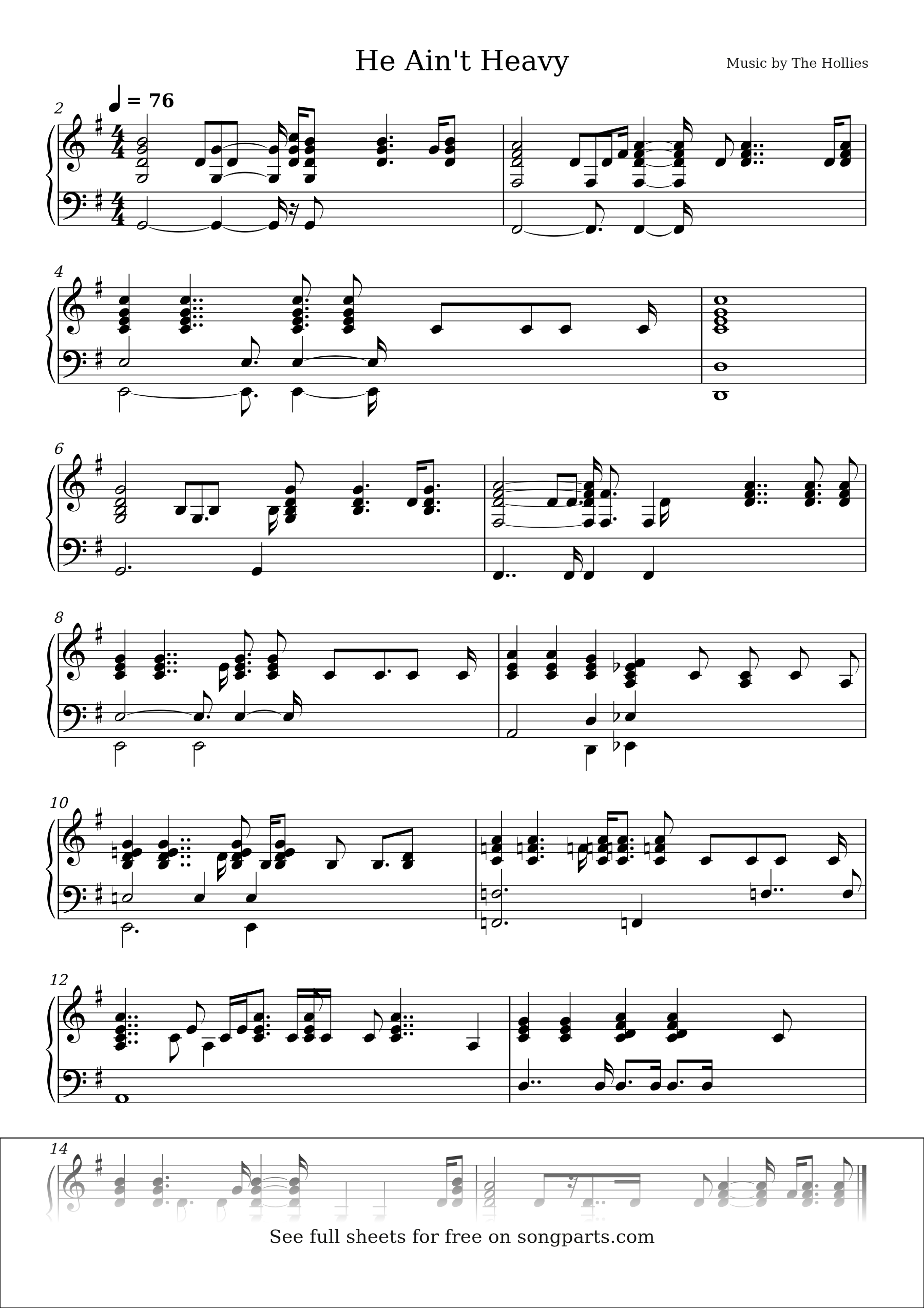 Sheet music preview for He Ain't Heavy by The Hollies